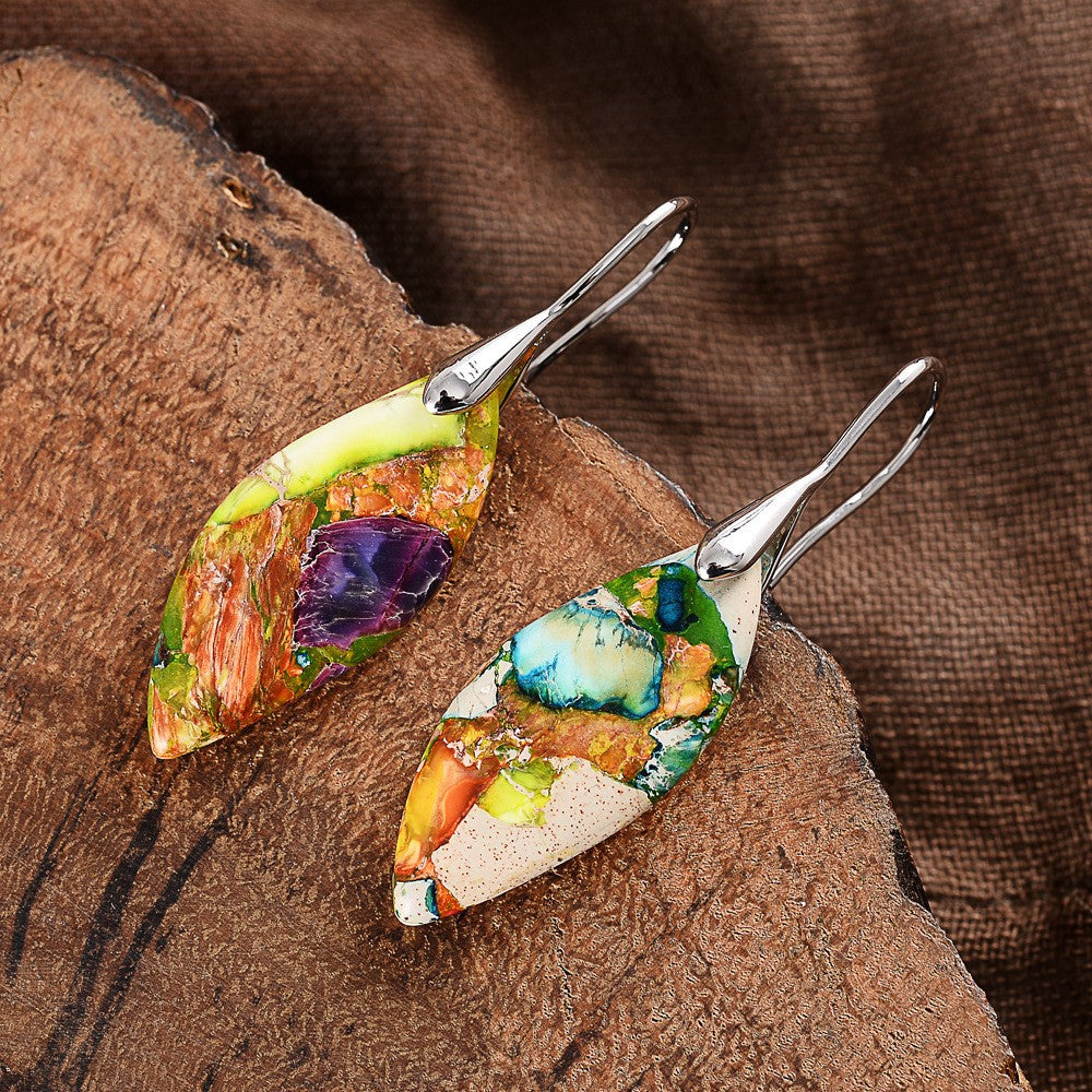 Stone Olive Green Leaf-shaped Colorful Emperor Earrings