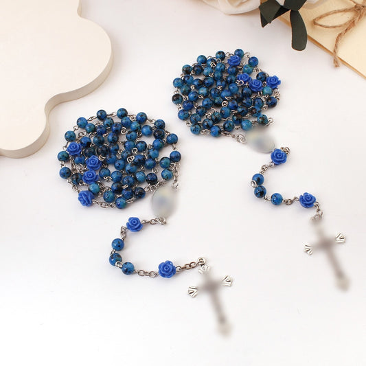 Women's & Men's Royal Blue Paint Beads Rose Cross Long Baptism Prayer Sweater Necklaces