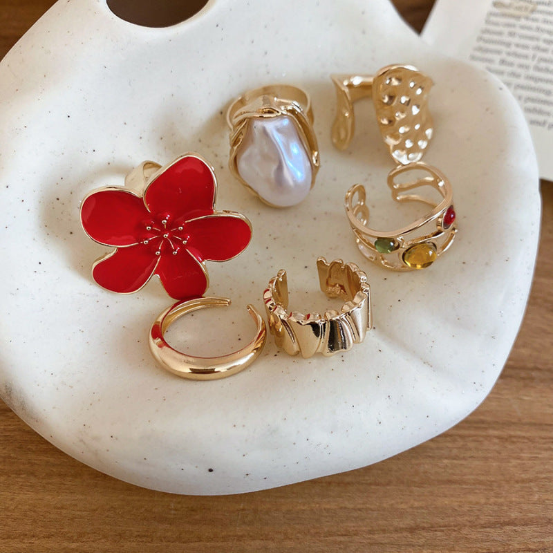 Women's Enamel Flower Open Golden Petal Design Rings