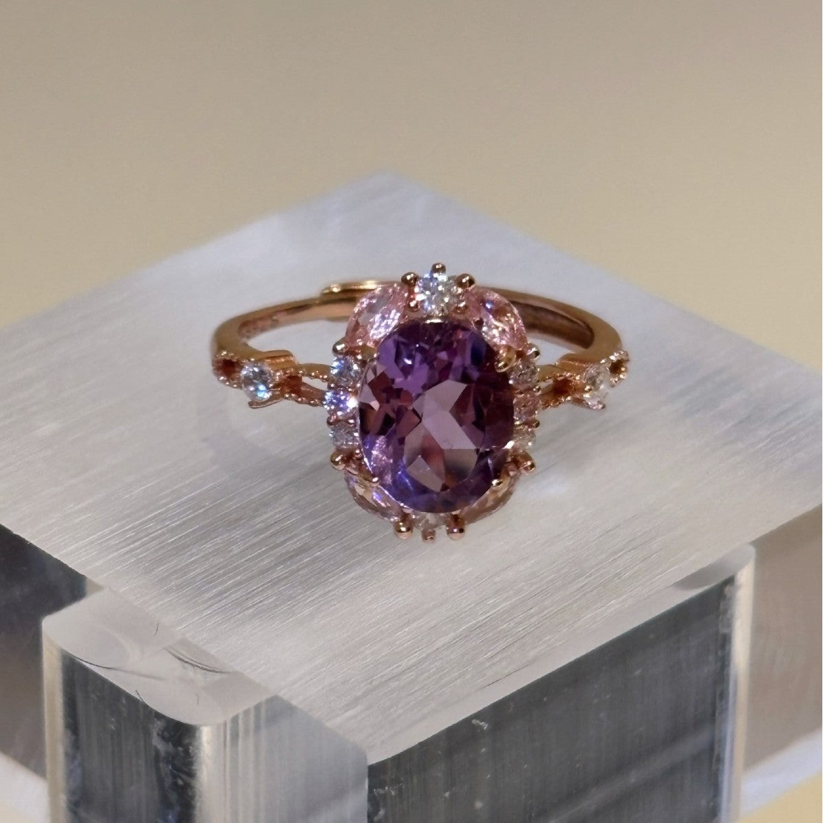 Women's Amethyst Rhinestone Big Diamond Rose Gold Refined Grace Ring