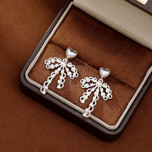 Lace Bow Pearl Female Sweet Light Luxury Minority Earrings
