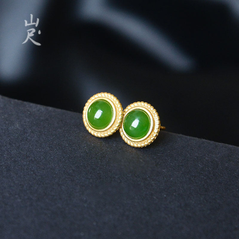 Natural Jade Green Round Sterling Sier Gold-plated Simple Earrings