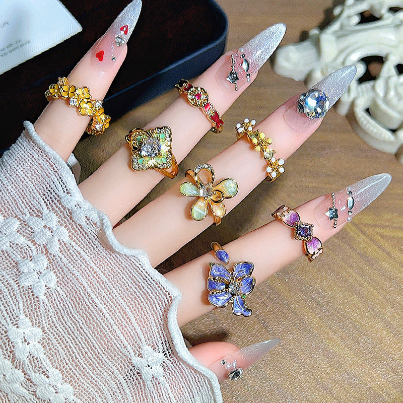 Colored Gems Flower Open Middle Ancient Ring