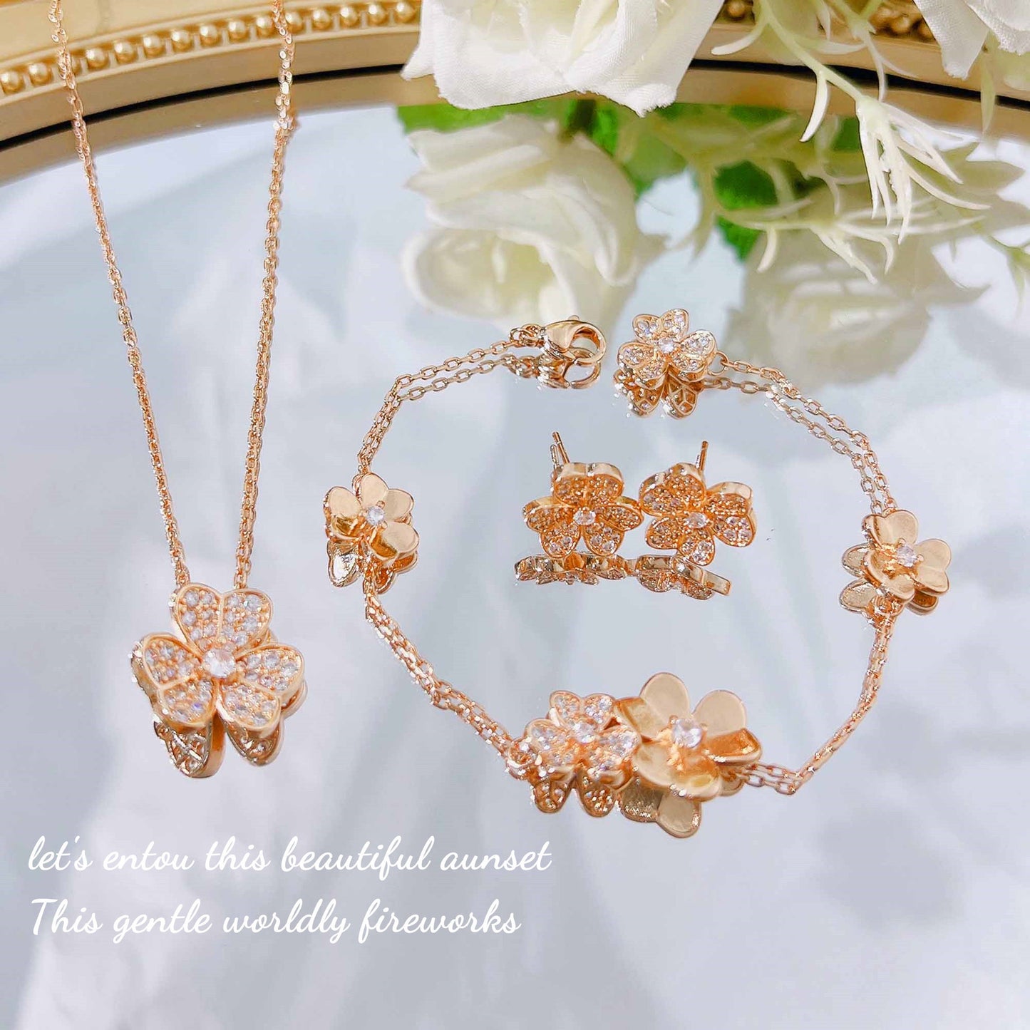 Women's Classic Lucky Clover Full Diamond Petal Flower Light Luxury Minority Jewelry Set