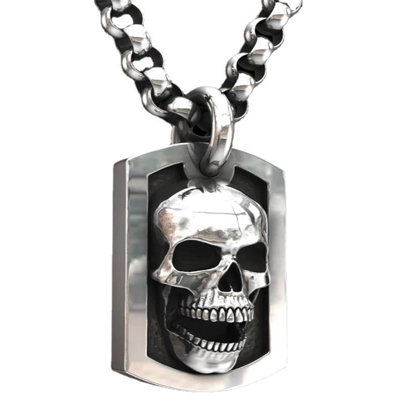 Billion Dark Hip Hop Skull Square Sier Plated Necklace