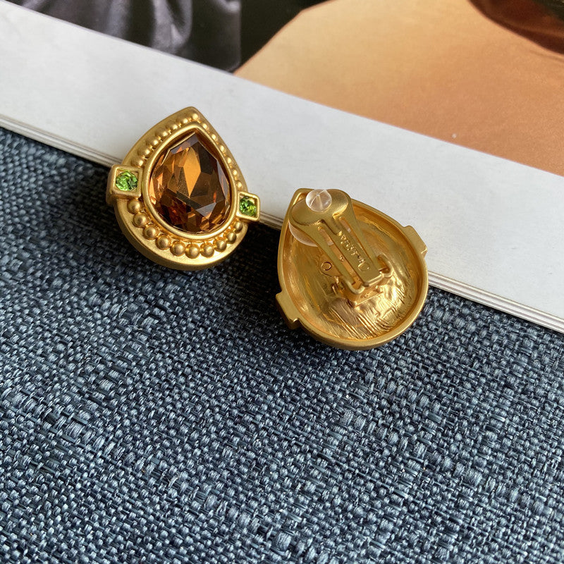 Retro Matte Brass Texture Heart Color Glass Ear Stud Earrings