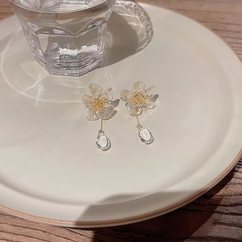 Women's Mori Style Transparent Flower Tassel Water Drop Earrings