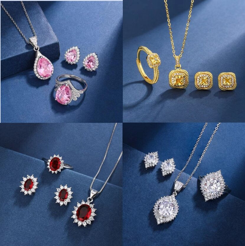 Live Broadcast Three-piece Colored Gems Ear Combination Personality Necklaces