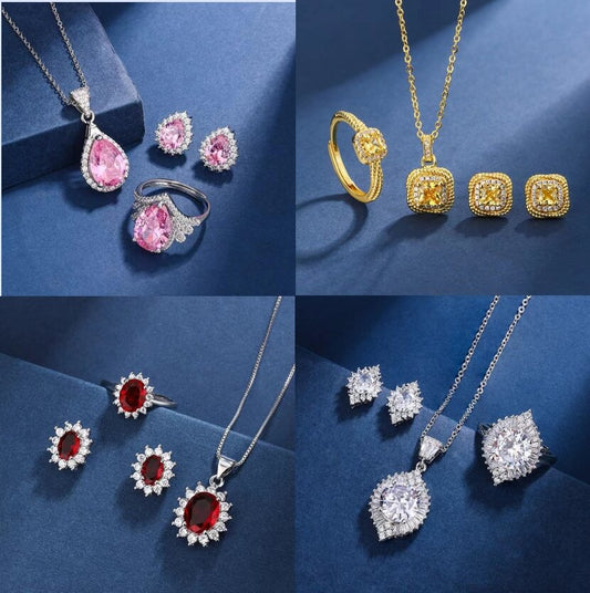 Live Broadcast Three-piece Colored Gems Ear Combination Personality Necklaces