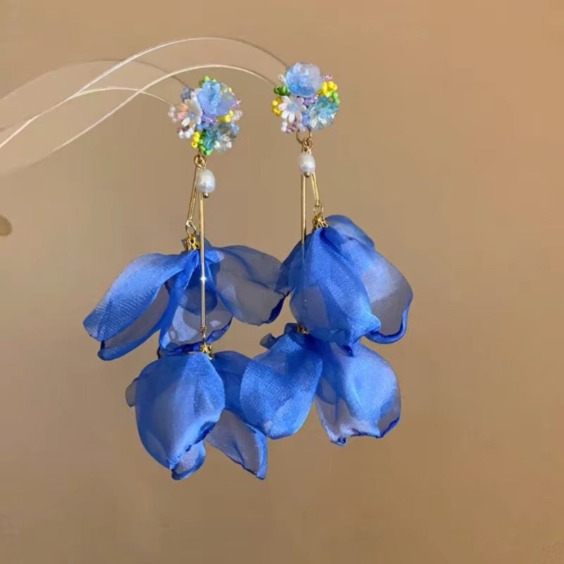 Women's Fresh Blue Fabric Flower Tassel Seaside Vacation Style Light Stud Earrings