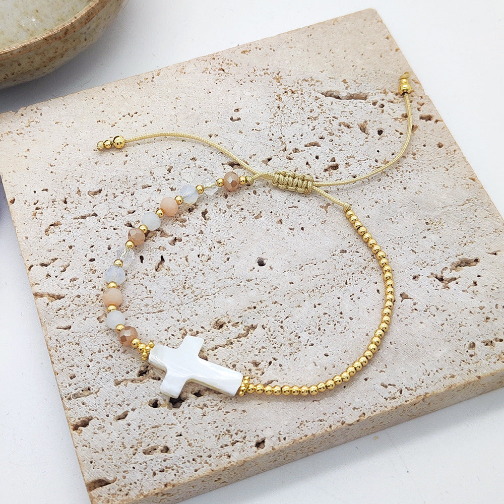 Women's Wind Simple Crystal Handmade Beaded Natural Shell Cross Woven Bracelet