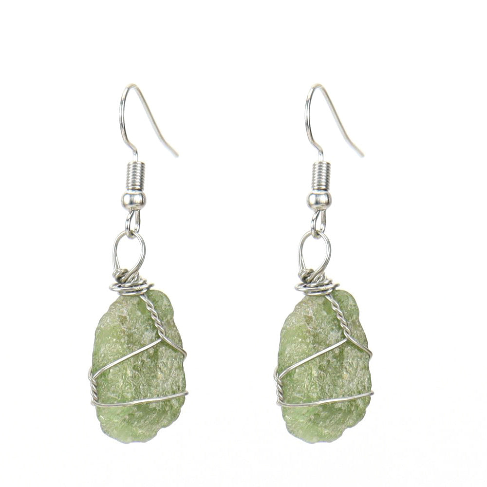 Women's Handmade Sier Winding Natural Stone Rough Crystal Agate Earrings