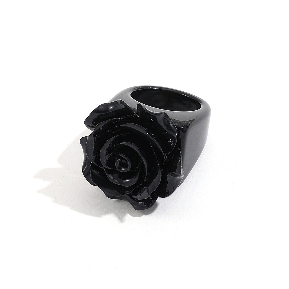 Asian Culture Black White Rose Resin Fashion Pink Decorative Punk Ring