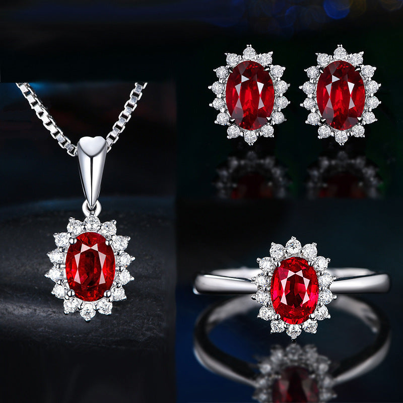 Live Broadcast Three-piece Colored Gems Ear Combination Personality Necklaces