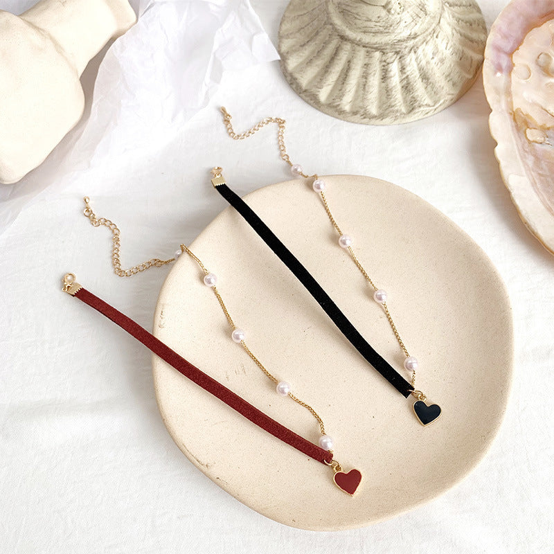 Korean Style Pearl Red Clavicle Chain Neck Strap Collar