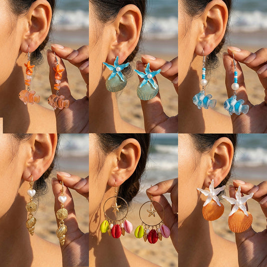 Summer Ocean Style Starfish Shell Niche Design Beach Vacation Earrings