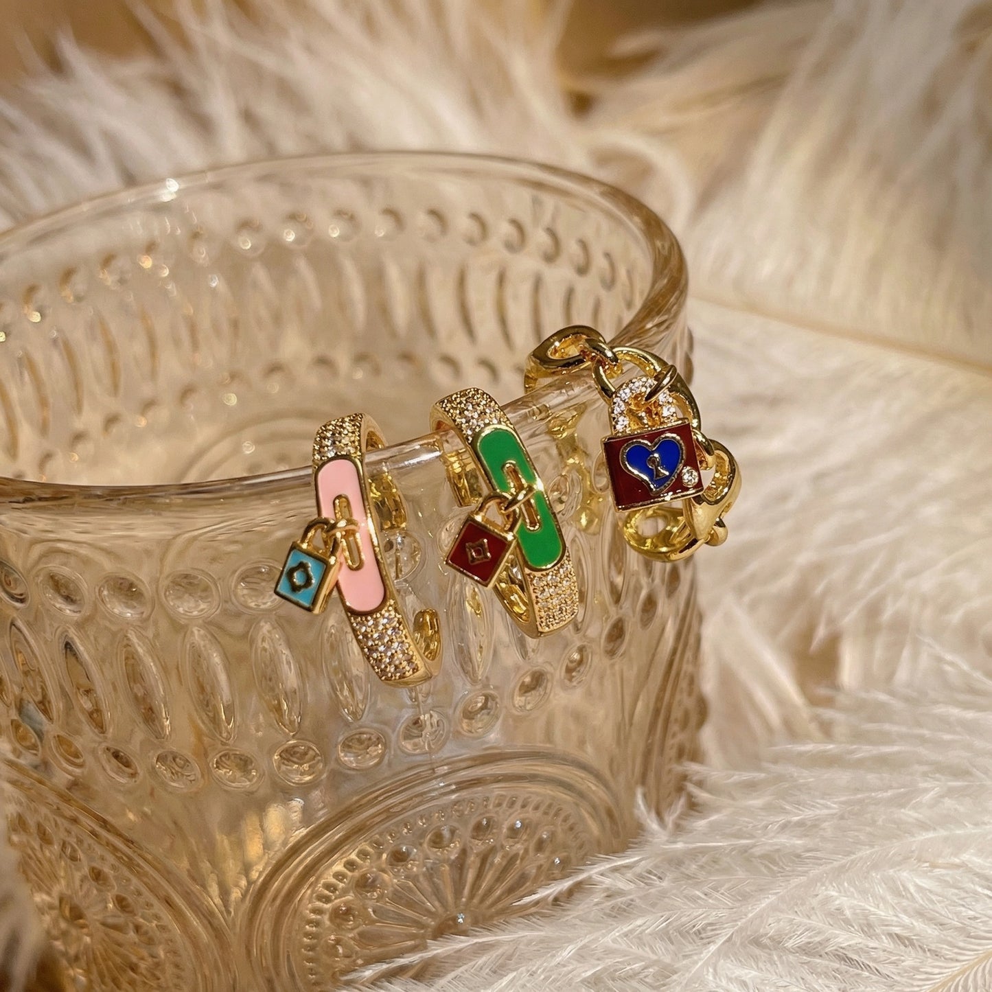 Retro Color Enamel Lock Pig Nose Open-end Zircon Ring