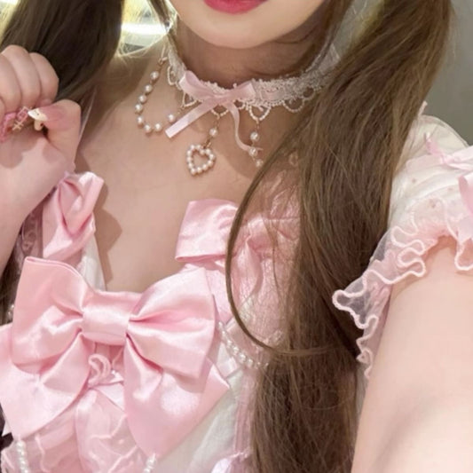 Sweet Lolita Gem Pearl Lace Ribbon Collar