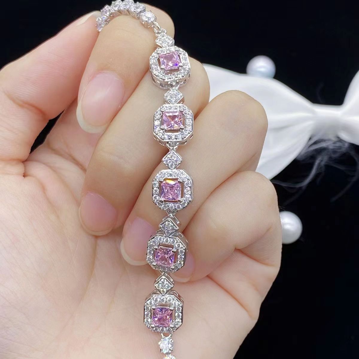 Color Tourmaline Princess Square Full Diamond Female Bracelet