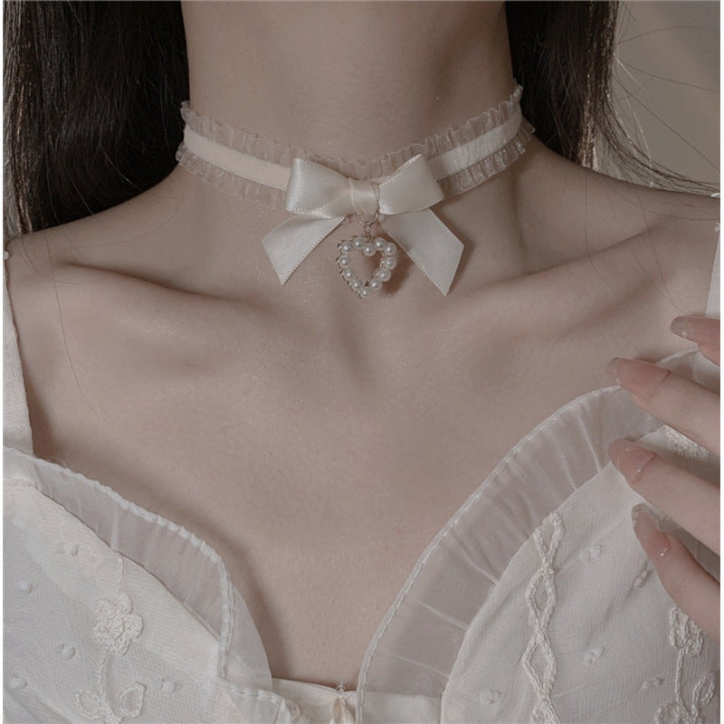 Soft White Lace Pearl Heart For Lolita Necklaces