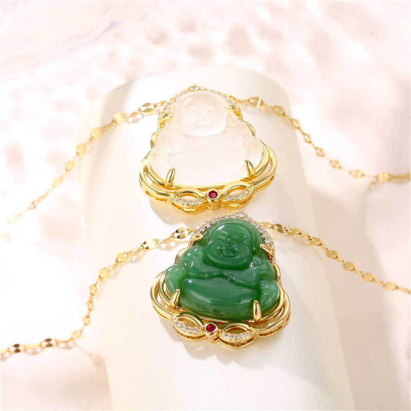 Chalcedony Small Buddha Ancient Gold Inlaid Zircon Female Necklaces