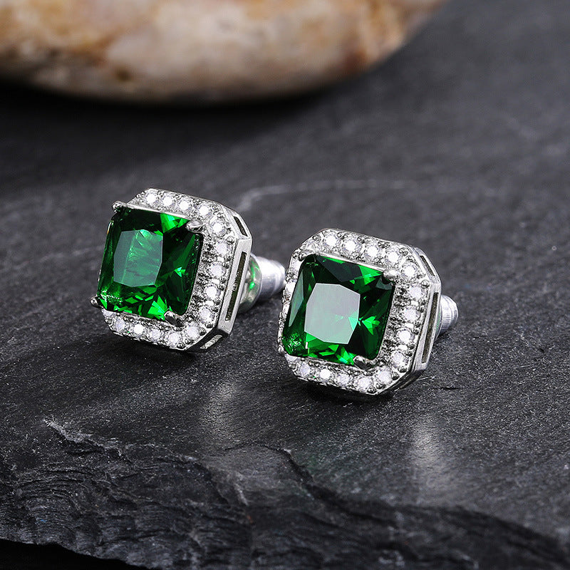 Women's Exquisite Square Ear Full Diamond Inlaid With Green Earrings