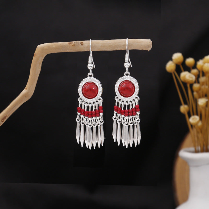Miao Sier Colorful Long Feather Tassel Rings