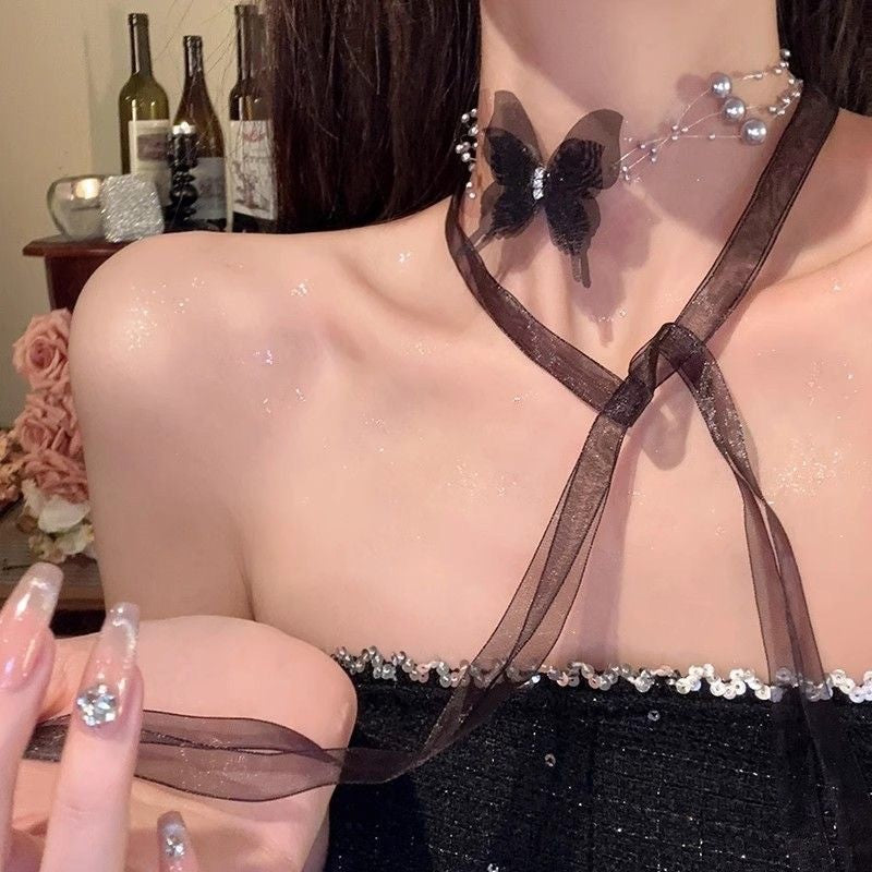 Butterfly Pearl Ribbon Female Niche High-grade Clavicle Chain Collar