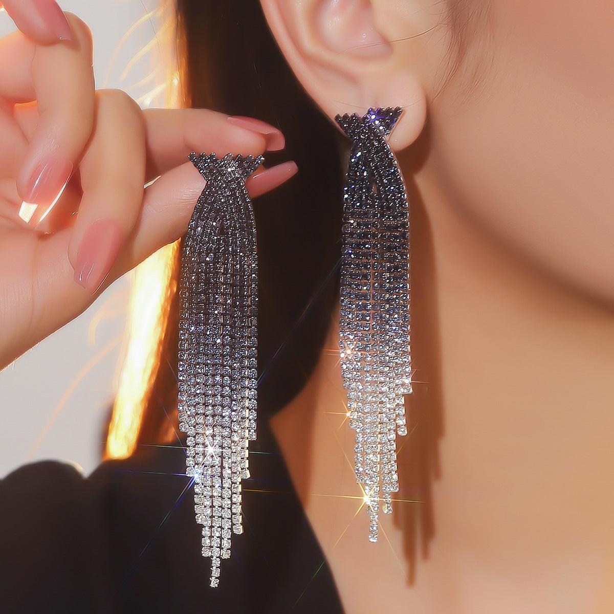 Semicircle Blue Tassel Rhinestone Long Ear Earrings