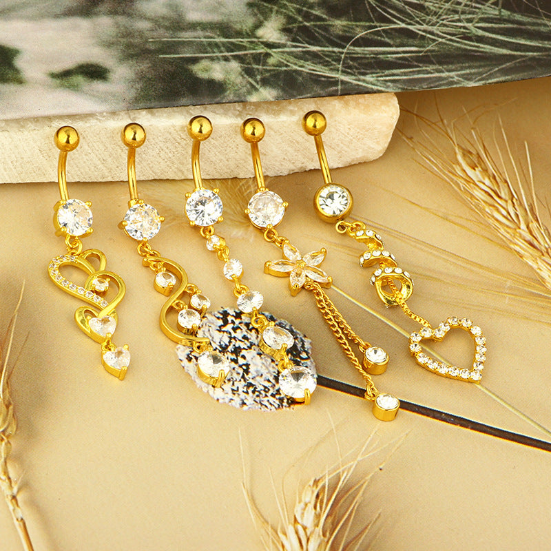 Zircon Navel Piercing Golden Heart Buckle Stud Earrings
