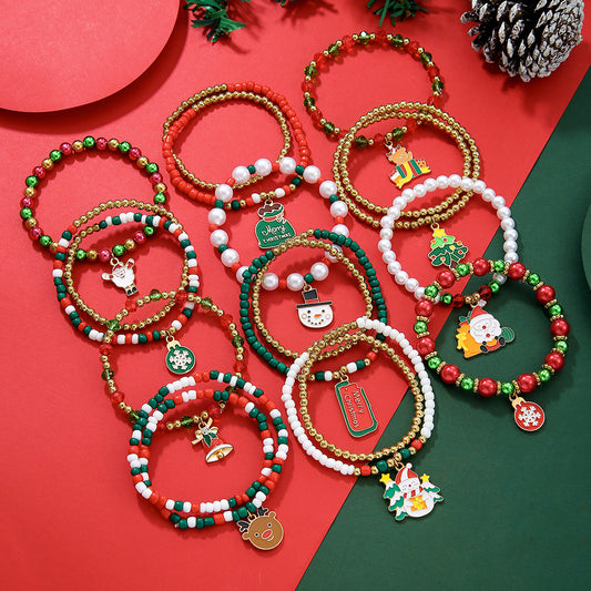 Christmas Pearl Mixed Snowman Tree Suit Bracelets