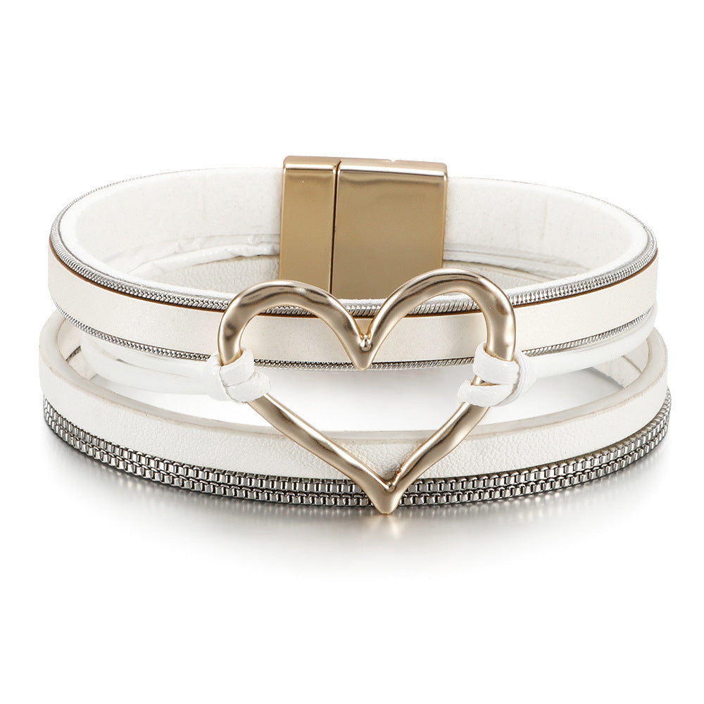 Women's Bohemian Style Leather Heart Fashion Magnetic Bracelet