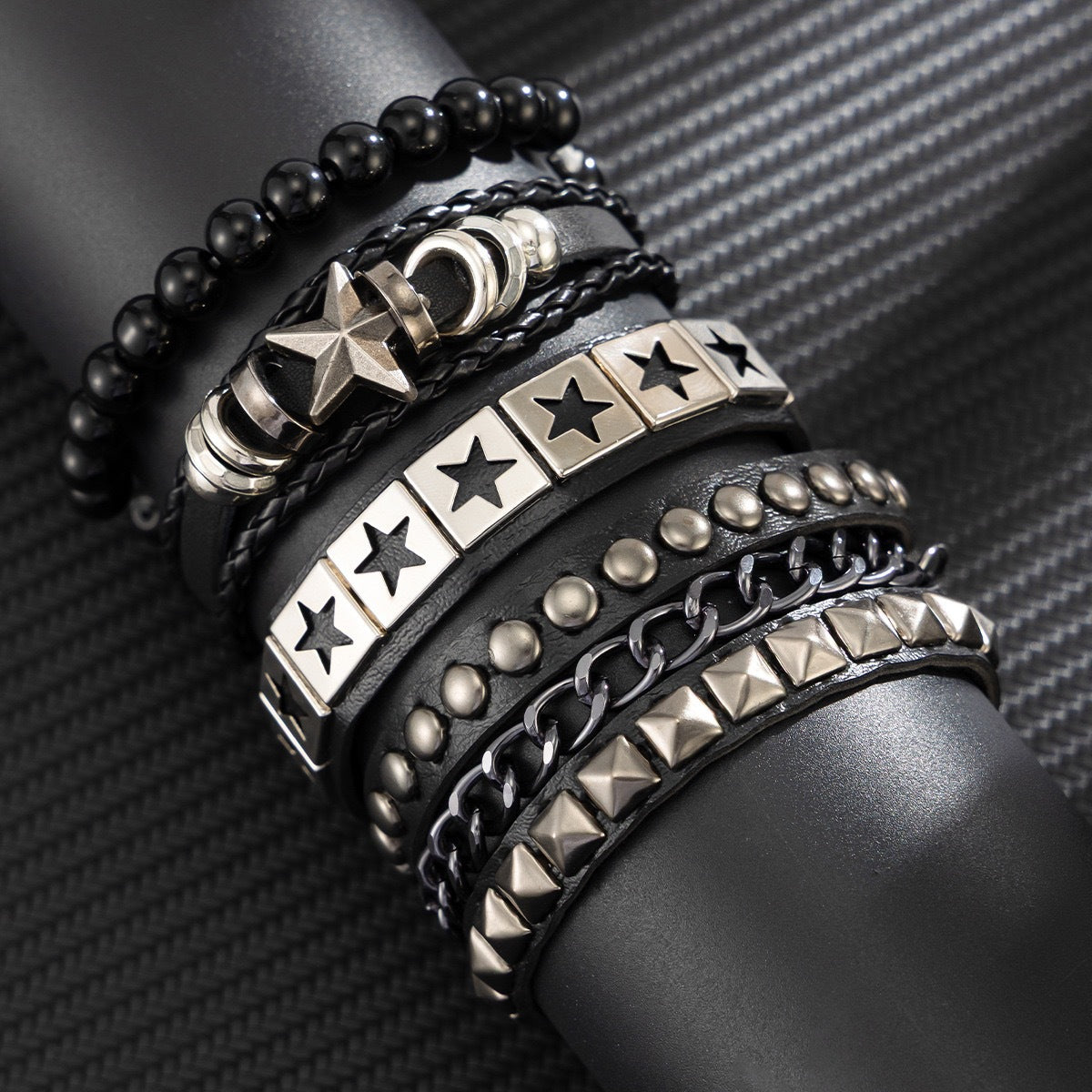 Men's Fashion Five-pointed Star Leather Hip Hop Cool Bracelet
