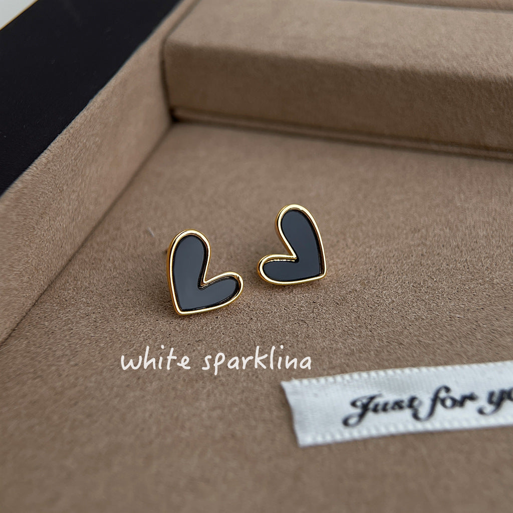 Daily Commuter Style Sier Plated Needle Love Heart Black White Stud Earrings