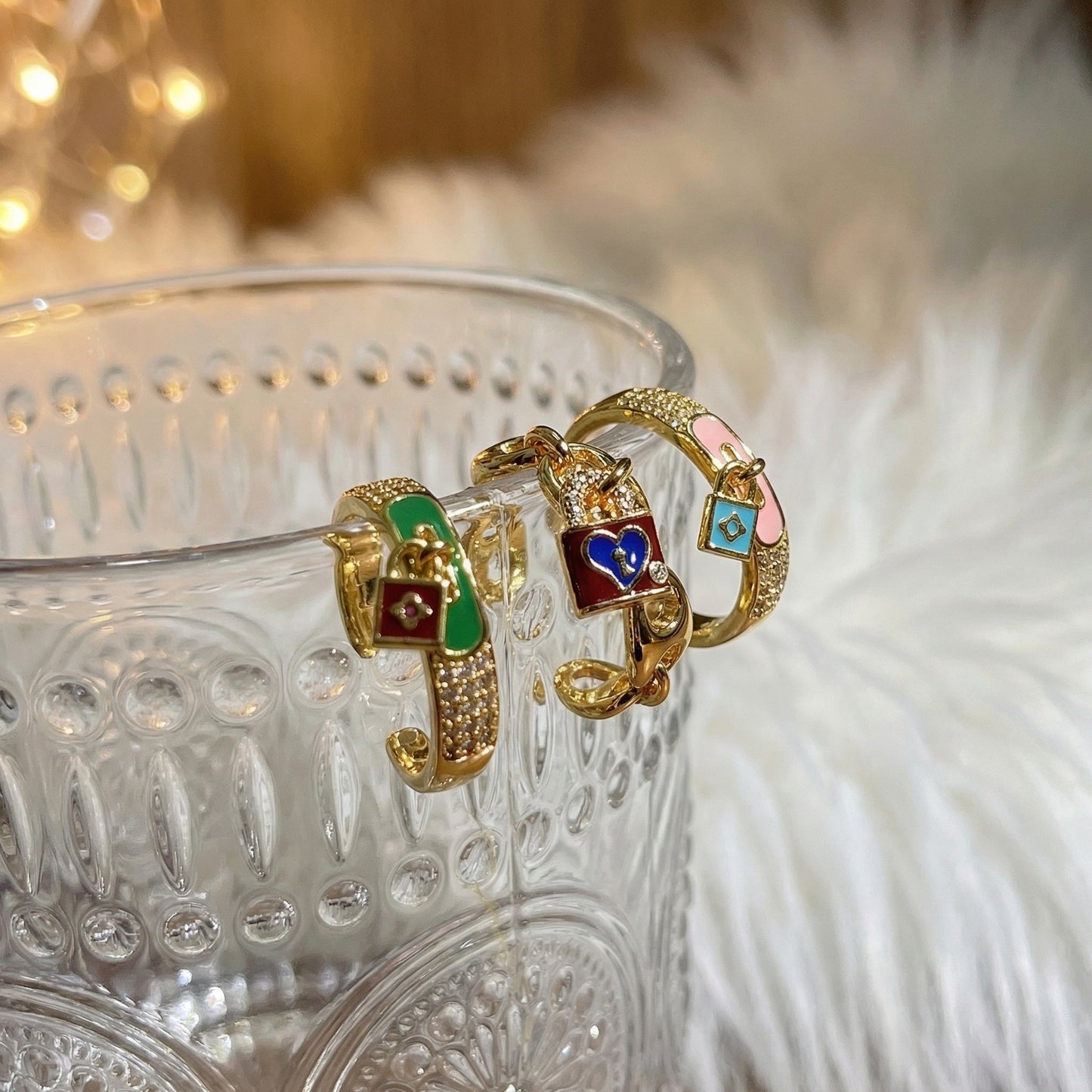 Retro Color Enamel Lock Pig Nose Open-end Zircon Ring