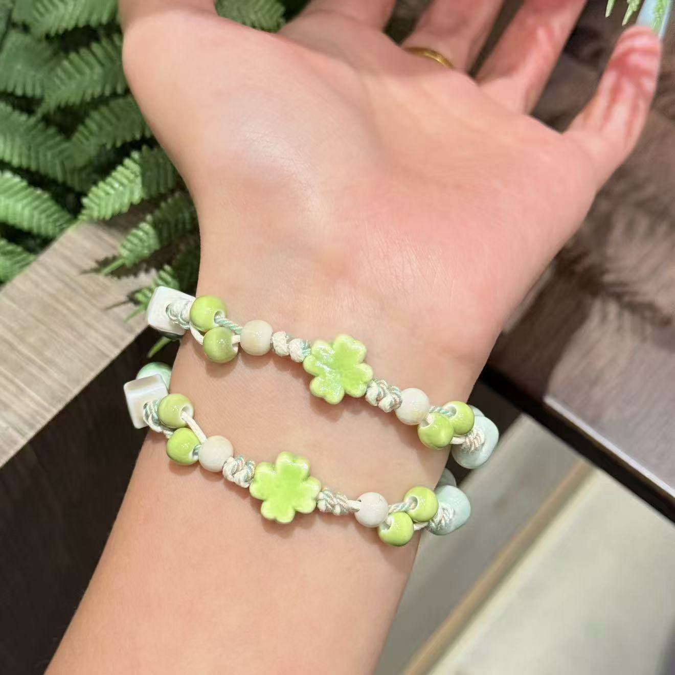Niche Green Clover Ceramic Adjustable Size Hand-woven Couple Finished Mori Bracelets
