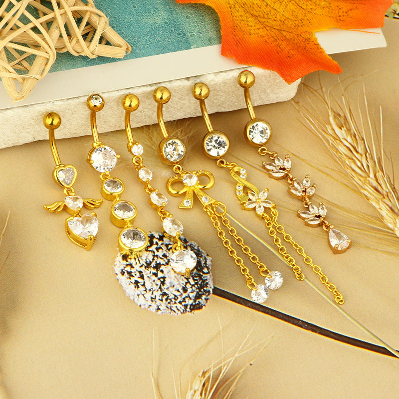 Zircon Navel Piercing Golden Heart Buckle Stud Earrings