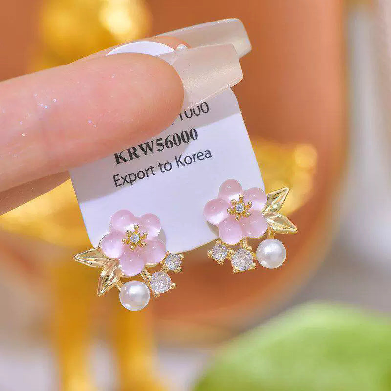 Super Fairy Gentle Pink Versatile Pearl Flower Female Sweet High Stud Earrings