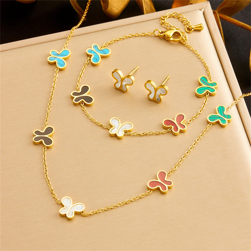 Exquisite Gold-plated Stainless Steel Love Pearl Flower Butterfly Jewelry Set