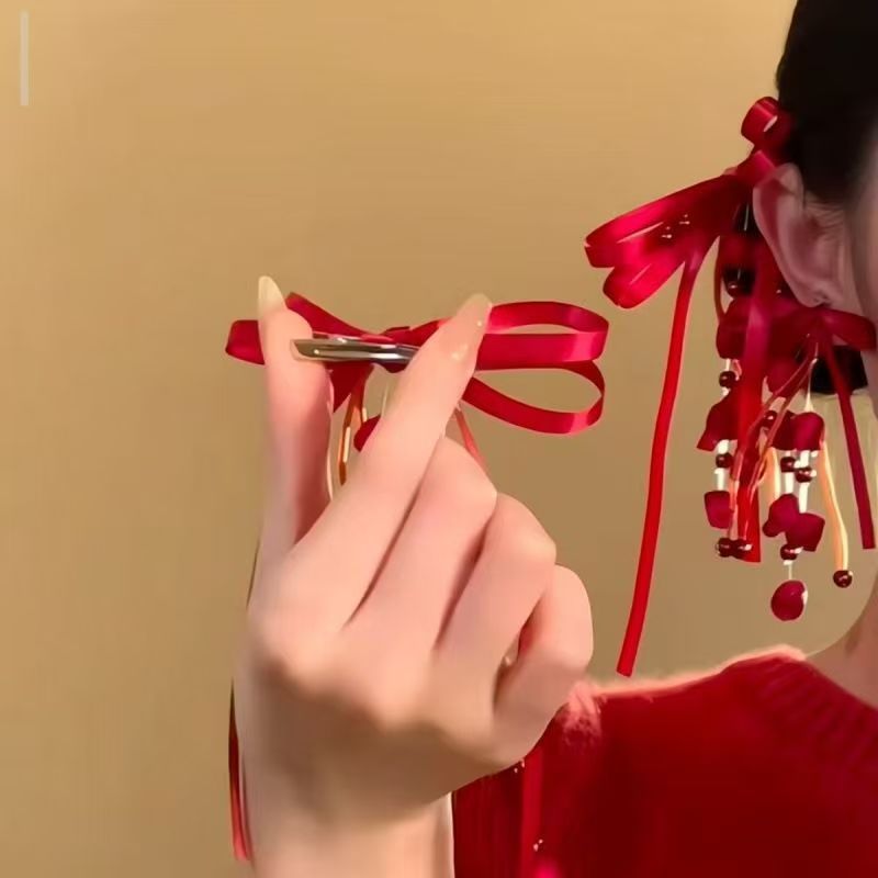 Women's Style Red Bow Flower Tassel Hairpin Special Jewelry Set