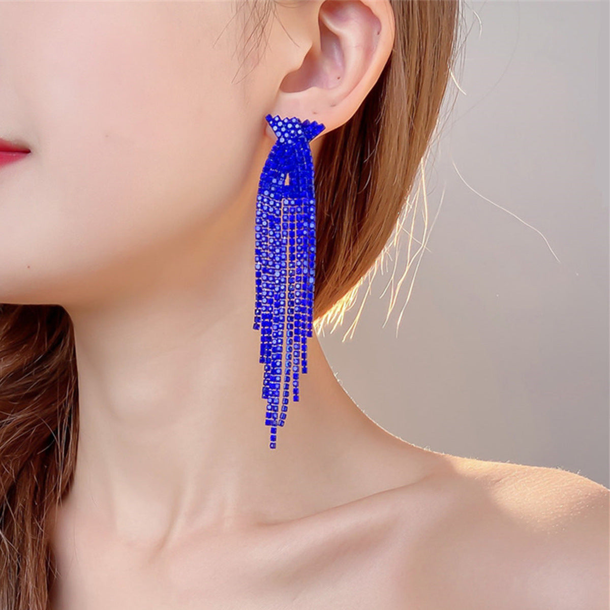 Semicircle Blue Tassel Rhinestone Long Ear Earrings