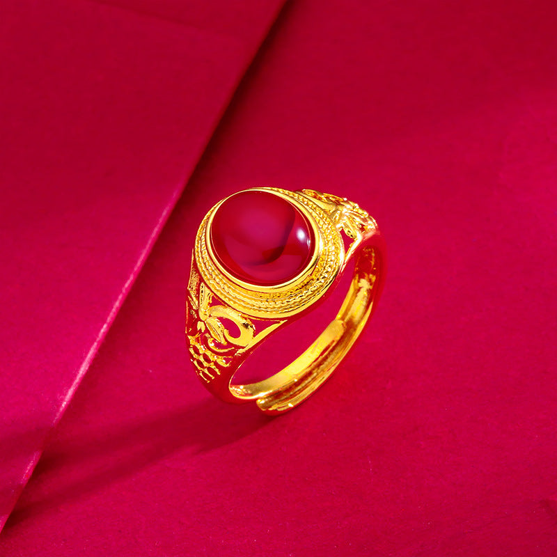 Women's Vietnam Placer Gold Open Red Green Egg Sand Ring