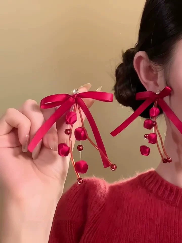 Women's Style Red Bow Flower Tassel Hairpin Special Jewelry Set