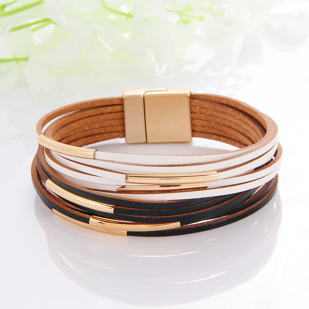 Women's Wide Brim Magnetic Snap Leather Fashion Bracelets