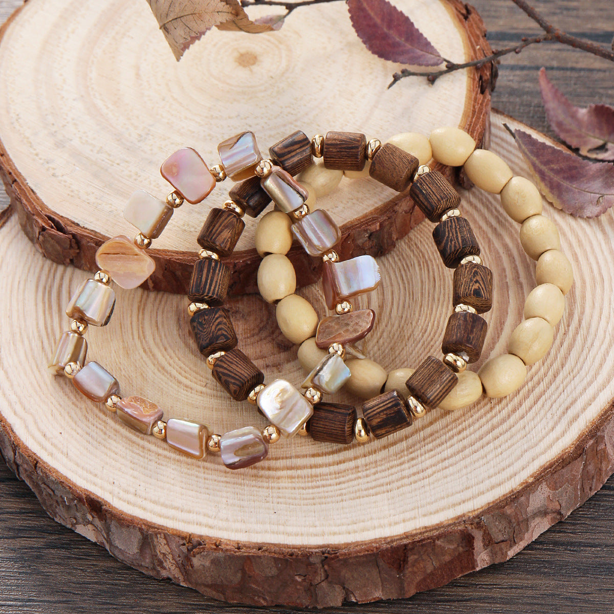 Chinese Retro Three-piece Natural Shell Wood Beaded Elastic Bracelets