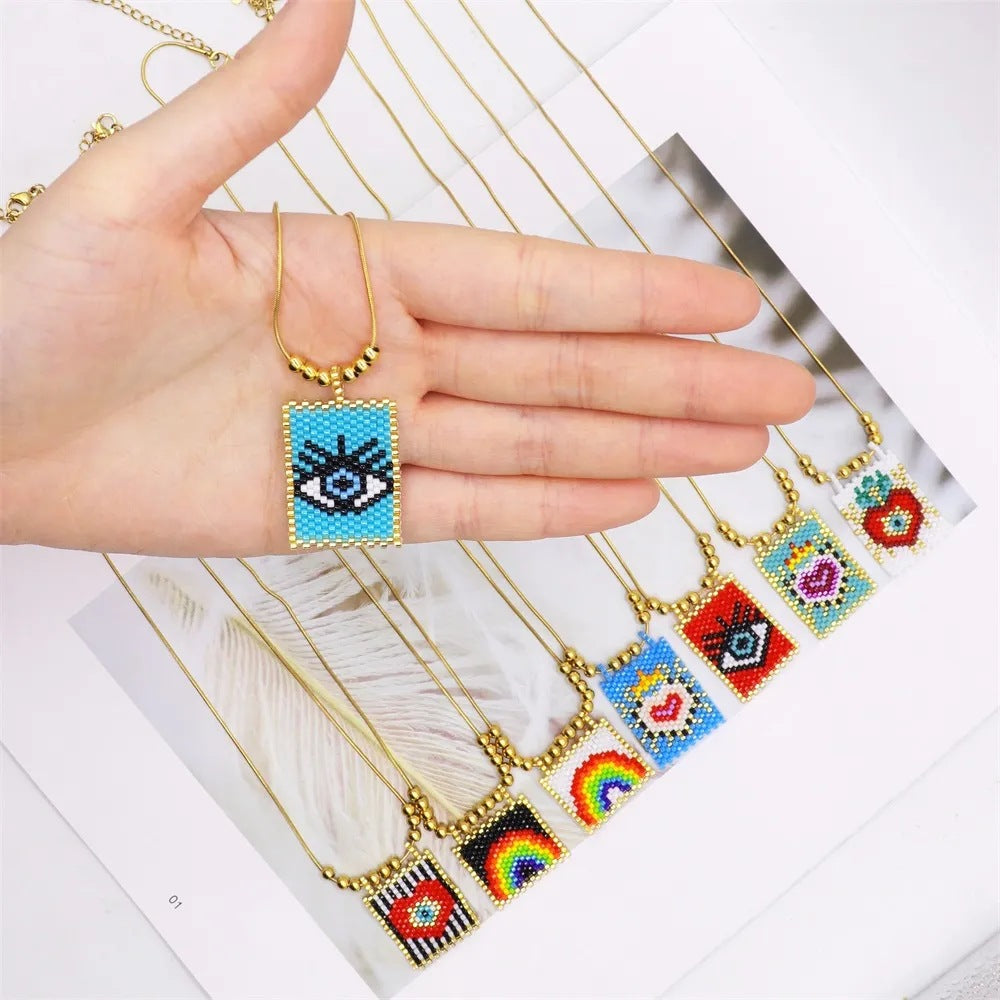 Bohemian Style Gold Rainbow Love Devil's Eye Square Necklaces