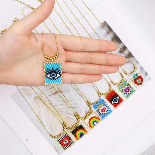 Bohemian Style Gold Rainbow Love Devil's Eye Square Necklaces