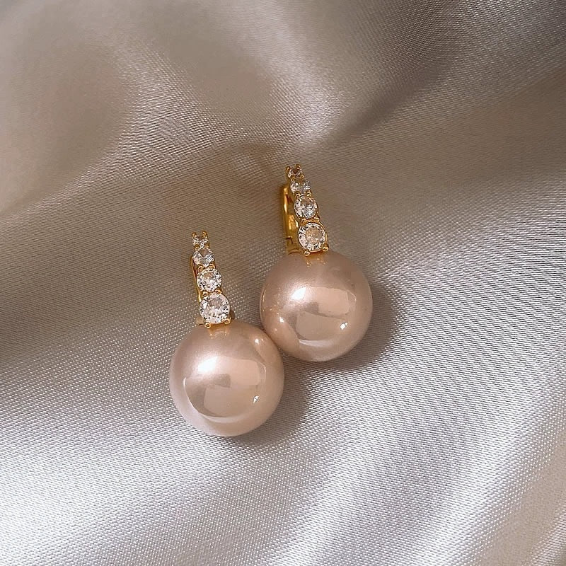 French Style Rhinestone Pink Pearl Ear Clip Elegant High-grade Exquisite Earrings