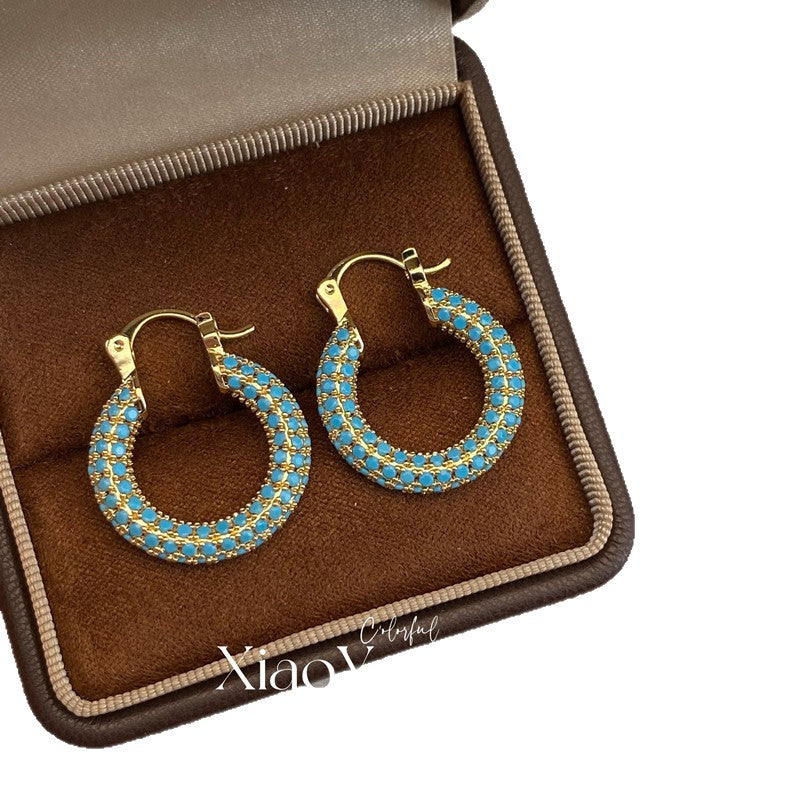 Turquoise Micro Inlaid Zircon Geometric Hoop Cold Wind Ear Niche Earrings