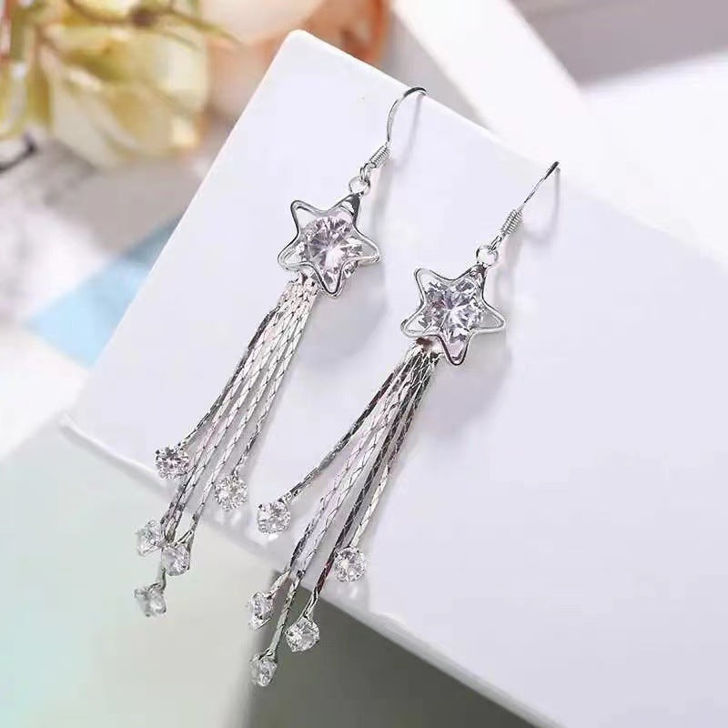 Women's Sier Needle Pentagram Tassel Graceful Long Earrings